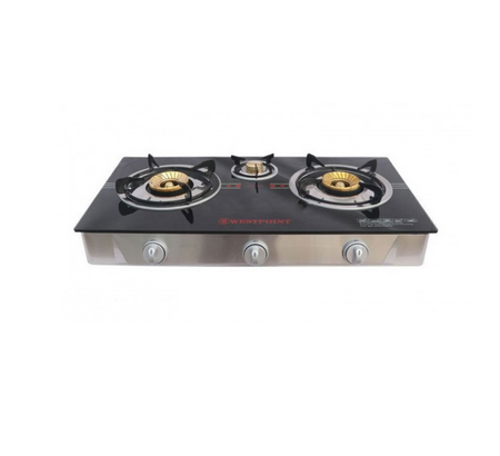 Westpoint Gas Stove 8mm 3 Burner Black, - WTJ-3820