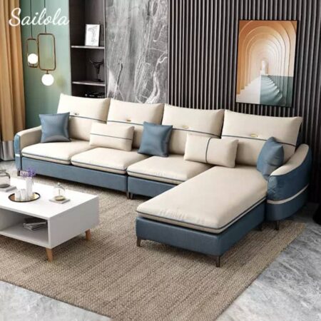 Luxury Leather Sofa 5 Seater White Ivory & Prussian Blue Colour