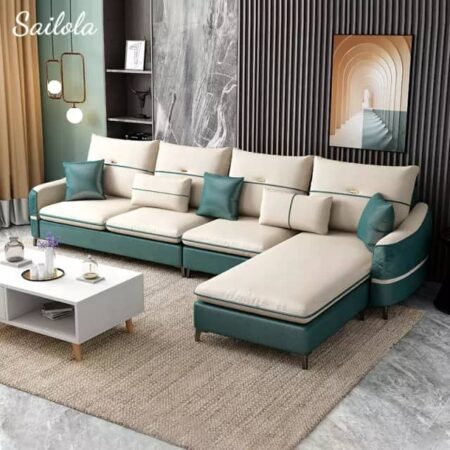 Luxury Leather Sofa 5 Seater White Ivory & Hunter Green