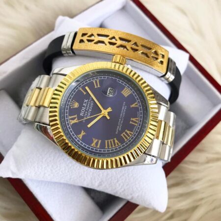 Classic Watches Rolex Date Just Gold & Blue Colour With Bracelet