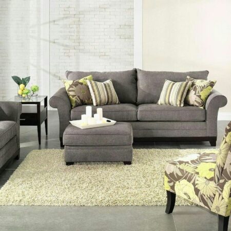 Classic Velvet Sofa Set With Puffy Table Gray Colour