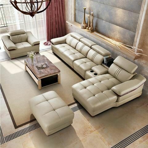 Classic L Shape Leather Sofa Set White Flax Colour