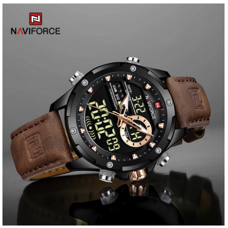 NAVIFORCE NF9208 Watch Leather Quartz Chronograph Luxury Wristwatch Analog Digital Clock