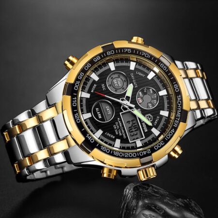 GOLDEN HOUR GH108 Classic Gold Mens Digital Watch Perfect Steel Strap LED Dual Display Calender Vintage Casual Wrist Watch