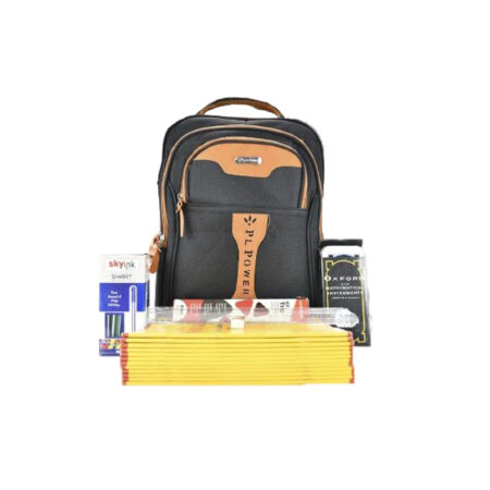 Bag with School Package (12pcs books,1 bag,1 box of 50 pens, 1 box of 10 pencils,oxford mathematical set, 1pc of ruler,1pc of rubber) Black & Orange Colour