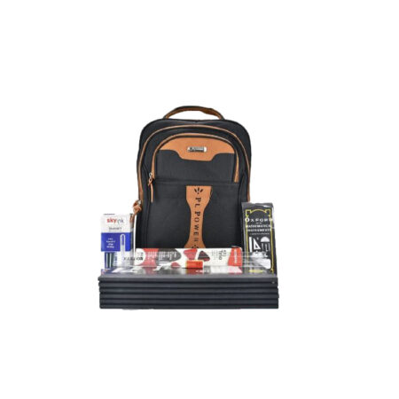 Bag with School Package (6pcs counter book quire 2,1 bag,1 box of 50 pens, 1 box of 10 pencils,oxford mathematical set, 1pc of ruler,1pc of rubber) Black & Orange Colour