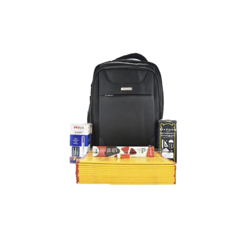 Bag with School Package (12pcs books,1 bag,1 box of 50 pens, 1 box of 10 pencils,oxford mathematical set 1pc of ruler,1pc of rubber) Black Colour