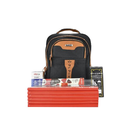 Bag with School Package (6pcs counter book quire 3,1 bag,1 box of 50 pens, 1 box of 10 pencils,oxford mathematical set, 1pc of ruler,1pc of rubber) Black & Orange Colour