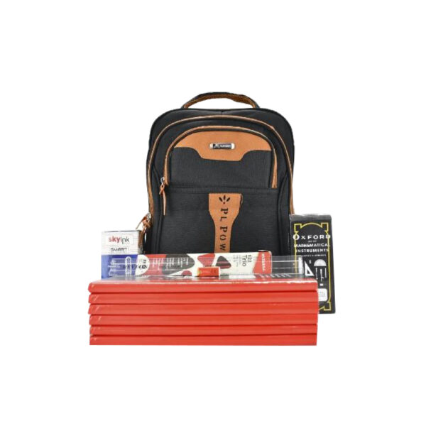 Bag with School Package (6pcs counter book quire 4,1 bag,1 box of 50 pens, 1 box of 10 pencils,oxford mathematical set, 1pc of ruler,1pc of rubber) Black & Orange Colour