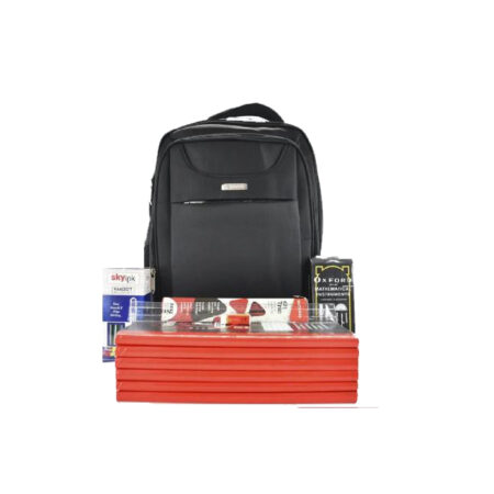 Bag with School Package (6pcs counter book quire 3,1 bag,1 box of 50 pens, 1 box of 10 pencils,oxford mathematical set, 1pc of ruler,1pc of rubber) Black Colour