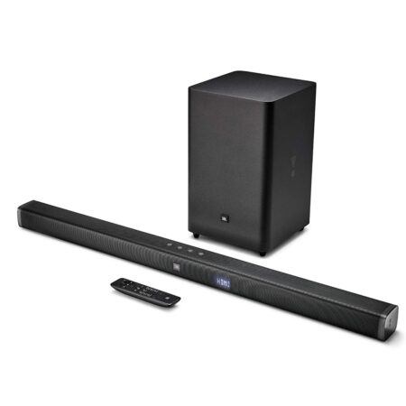 JBL Bar 2.1 Soundbar with Wireless Subwoofer (300 Watts, 4 Woofers, Dolby Digital, Surround Sound