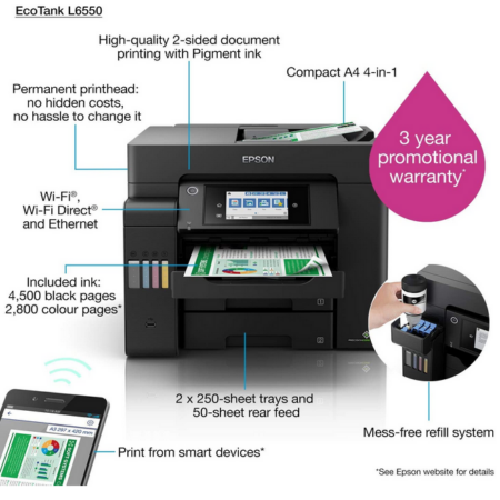 Epson EcoTank L6550 A4 Colour Wi-Fi Duplex All-in-One Ink Tank Printer