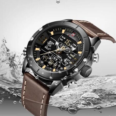 NAVIFORCE Men Sports Watch Stainless Steel Digital Waterproof Male Wristwatch Genuine Leather Clock 9153L Brown