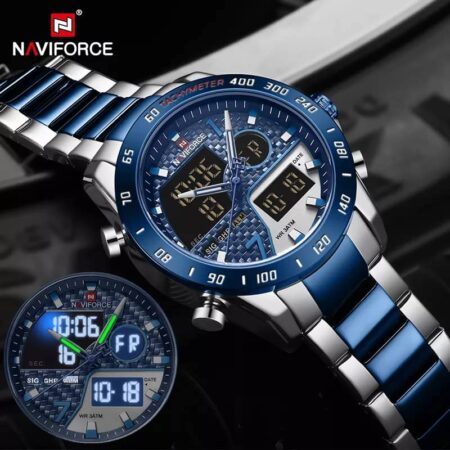 NAVIFORCE Luxury Brand Men's Wrist Watch Military Digital Sport Watches For Man Steel Strap Quartz Clock Blue