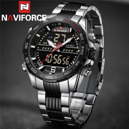 NAVIFORCE Men Luxury Watches Fashion Analog Stainless Steel Calendar LCD Digital Display Waterproof Quartz Wristwatch NF9195