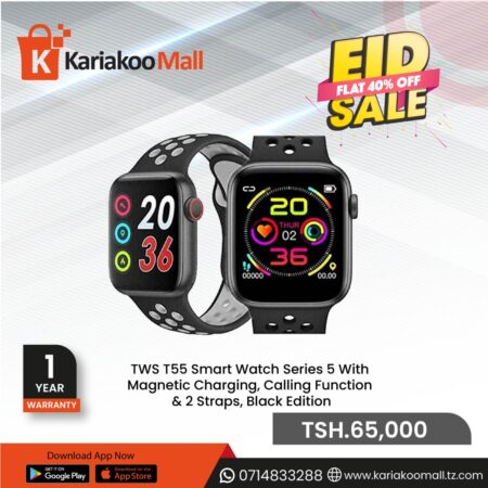 TWS T55 Smart Watch Series 5 with Magnetic Charging, Calling Function & 2 Straps, Black Edition