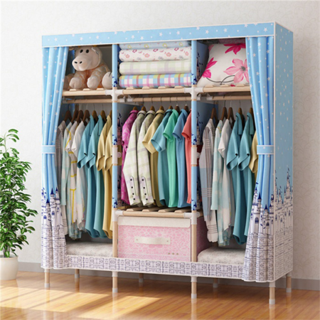3 Column Wooden Portable Wardrobe Closet With Strong Frame and Oxford Fabric Cover