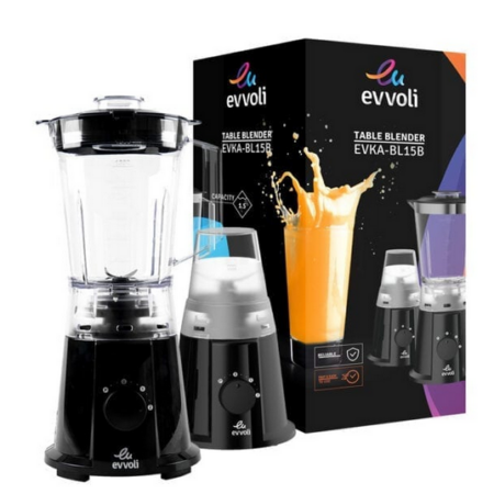 Evvoli Table Blender 600W High Speed Premium Blender 1.5 Litre jar With Grinder Mill Black EVKA-BL15B