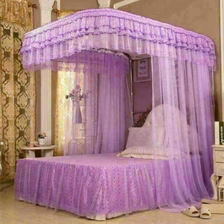 4 Corners Post Luxury Princess Bed Canopy mosquito Net Bedroom Mosquito Netting Bed Curtain Canopy Netting Mosquito Purple Colour