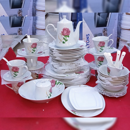 56 Pcs Delicate White Teapot,Mugs,Plates & Bowls Set With Pink Rose Detail