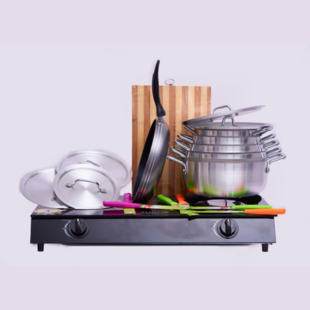 Bundled Product, 2 Gas Burner Cooker + 5 Pcs Aluminium Cooking Pot + Frypan 26cm + Knife and Cutting Board