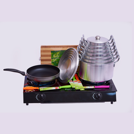 Bundled Product, 2 Gas Burner Cooker + 7 Pcs Aluminium Cooking Pot + Frypan 26cm + Knife and Cutting Board
