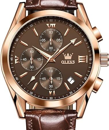 OLEVS Watch for Men Chronograph Brown Leather Gold Case Analog Quartz Fashion Business Dress Large Face Men Watch Day Date Luminous Waterproof Casual Male Wrist Watch Black/Blue/White Dial