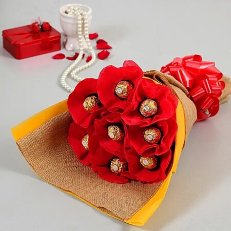 8 Ferrero Rocher Chocolates Packed in Red Paper Beautifully Wrapped in Jute Tied with White Raffia