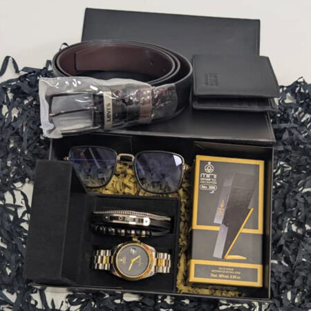 Rolex watch ,Min Brand black perfume, belt and wallet set for men