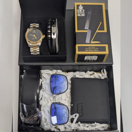 Rolex watch, Glass, Min brand perfume, Levi's belt and Levi's wallet Pure leather set for men