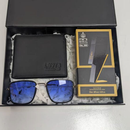 Min Brand black perfume, Glass and Levis's wallet set for men