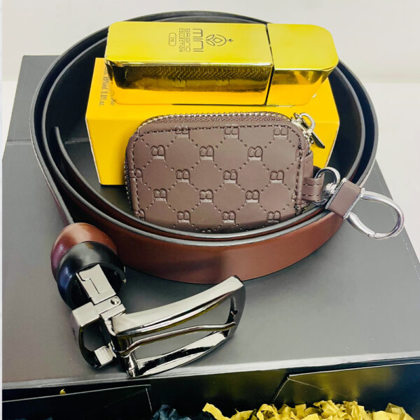 Min brand perfume ,Min key holder bag, and Belt set for men